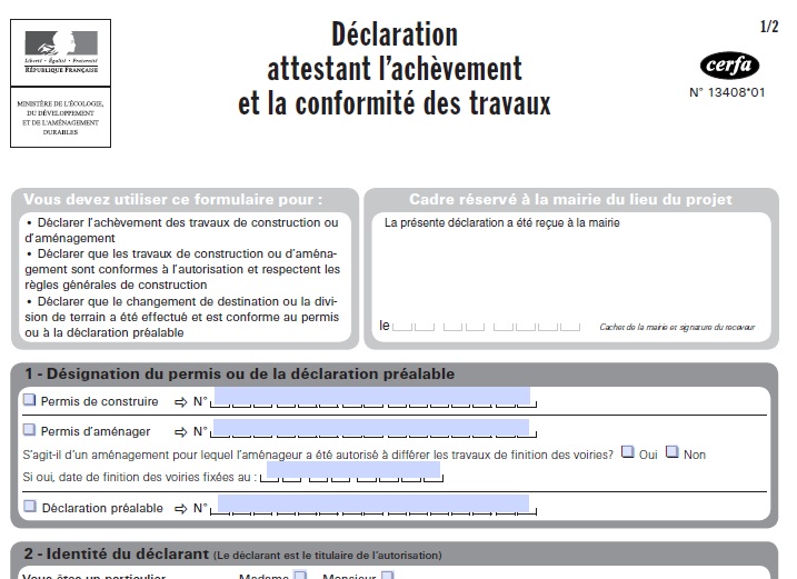Déclaration fin de travaux Déclaration fin de travaux